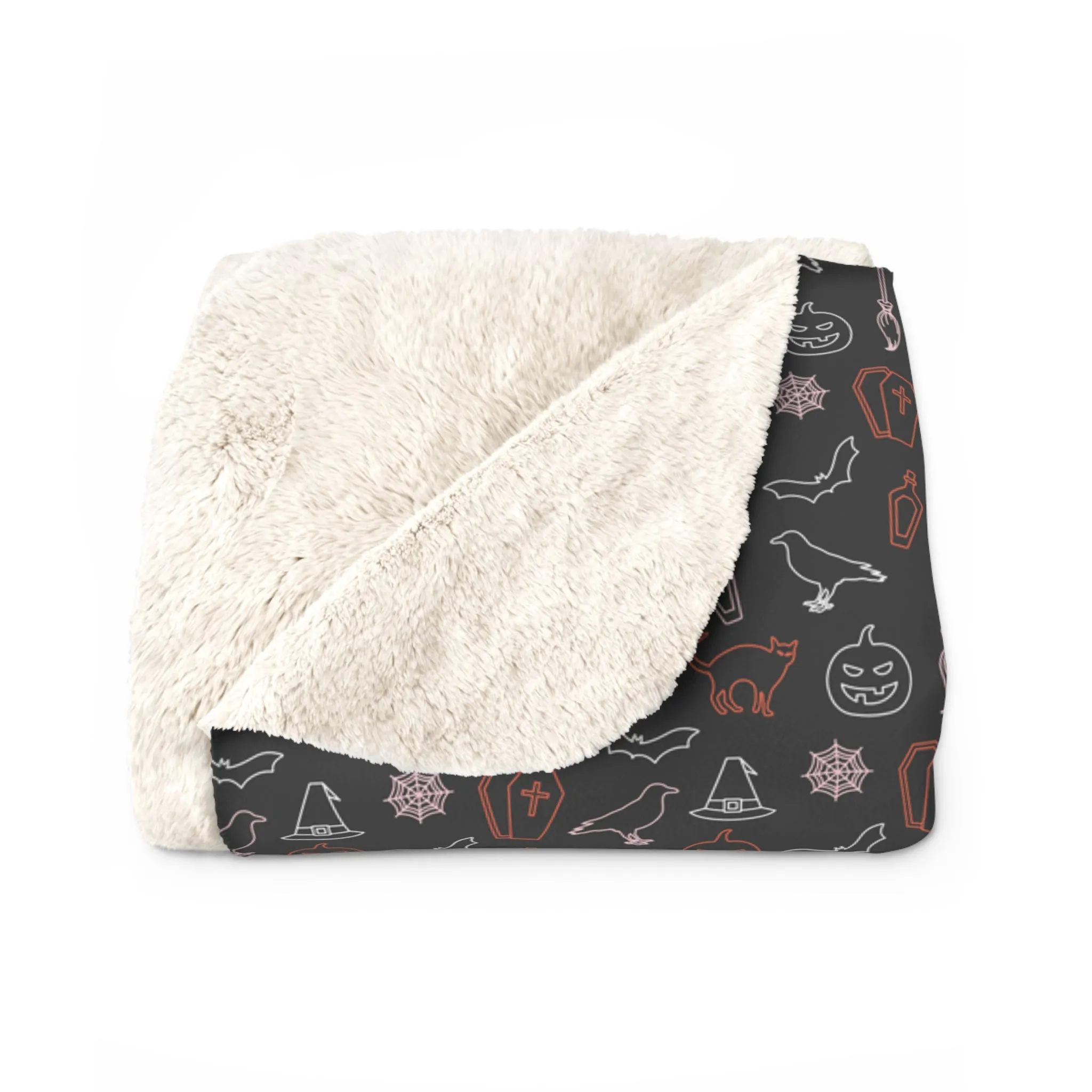 Halloween Sherpa Blanket Spooky Ghost Witch Hat Black Cat Cozy Blanket, Throw Blanket Black, Sofa Blanket