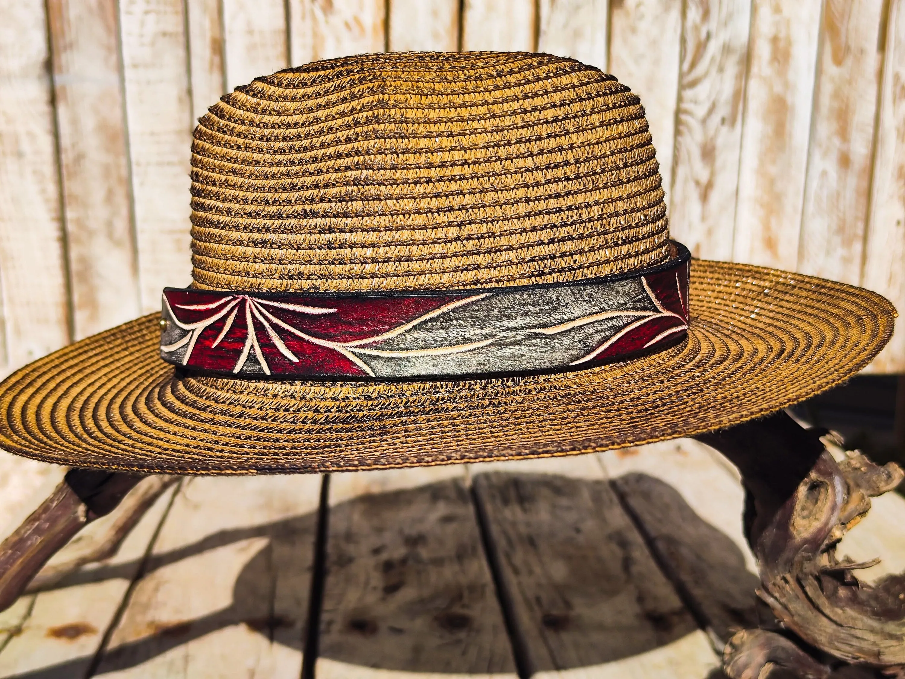 Handcrafted Straw Hat with Red Flower Vintage Leather Band - Unique Boho-Chic Design