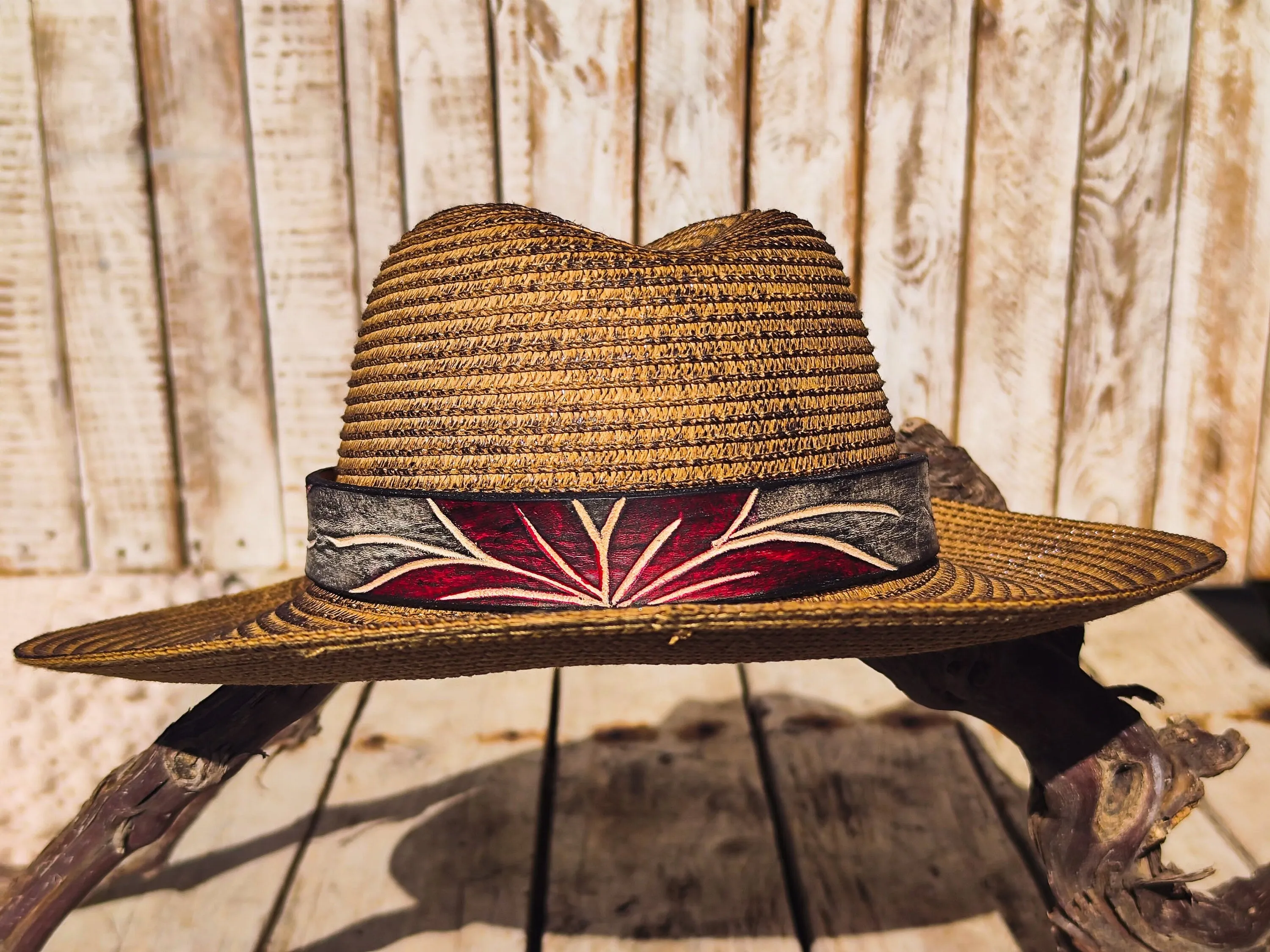 Handcrafted Straw Hat with Red Flower Vintage Leather Band - Unique Boho-Chic Design