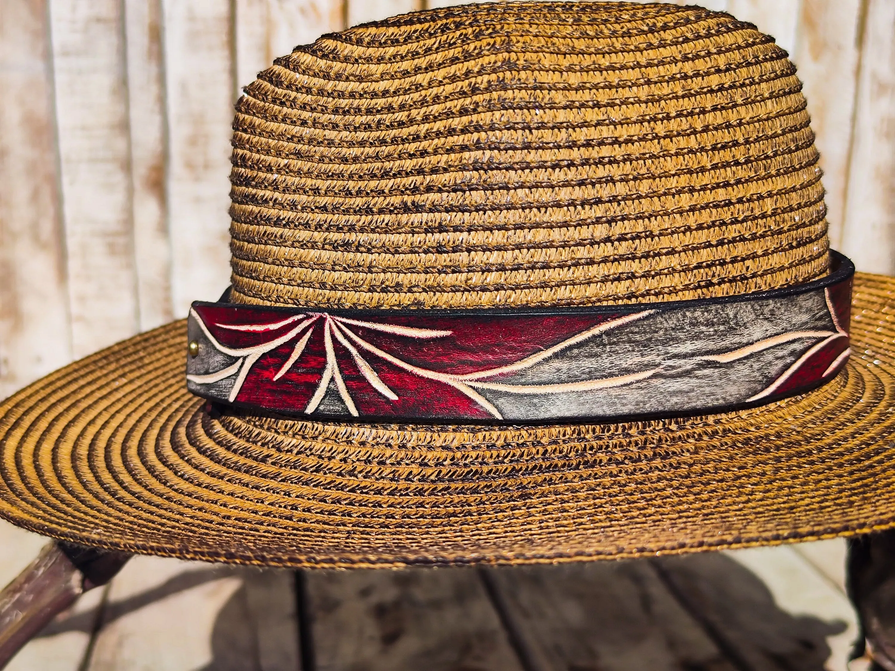Handcrafted Straw Hat with Red Flower Vintage Leather Band - Unique Boho-Chic Design