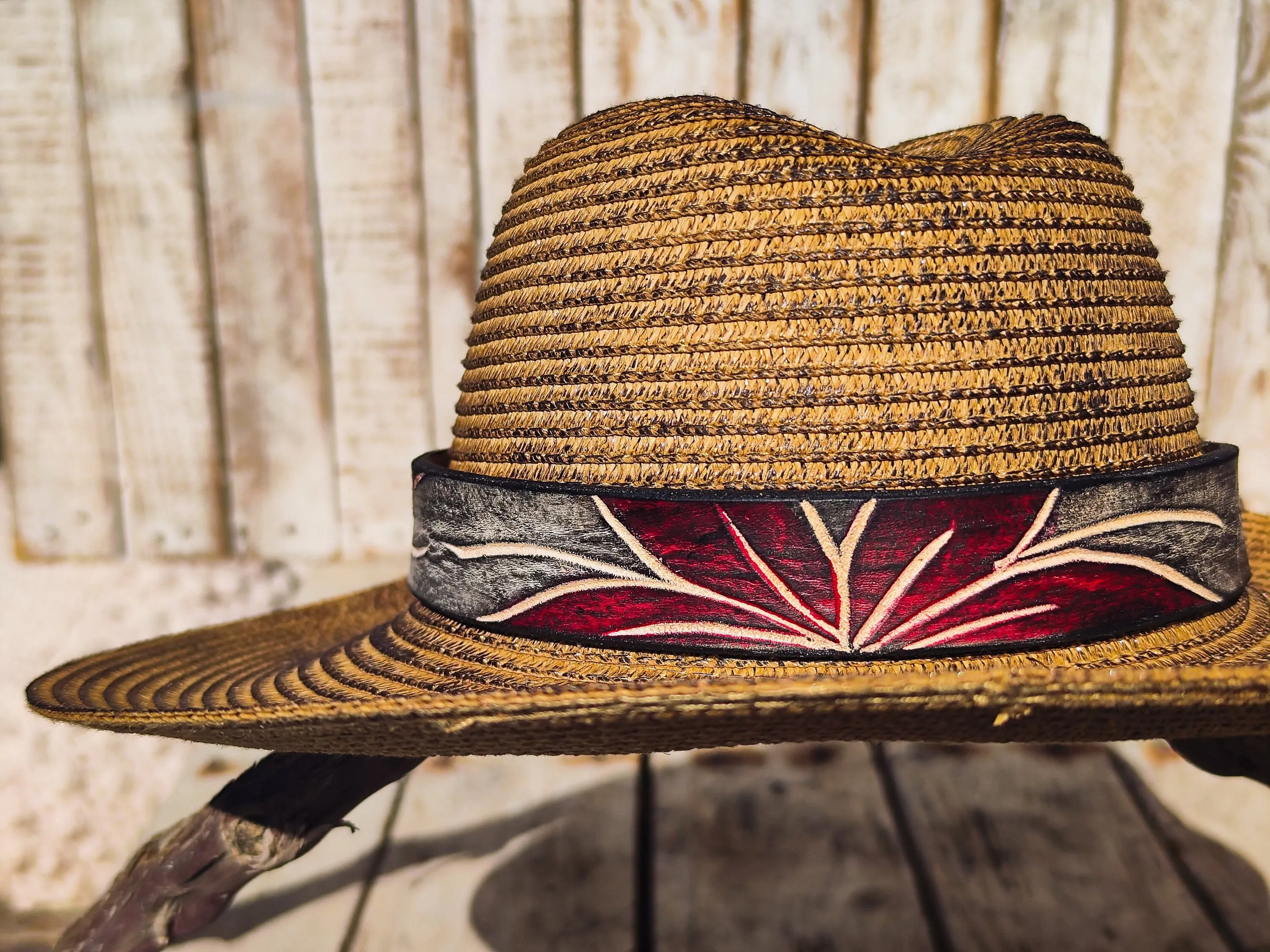 Handcrafted Straw Hat with Red Flower Vintage Leather Band - Unique Boho-Chic Design