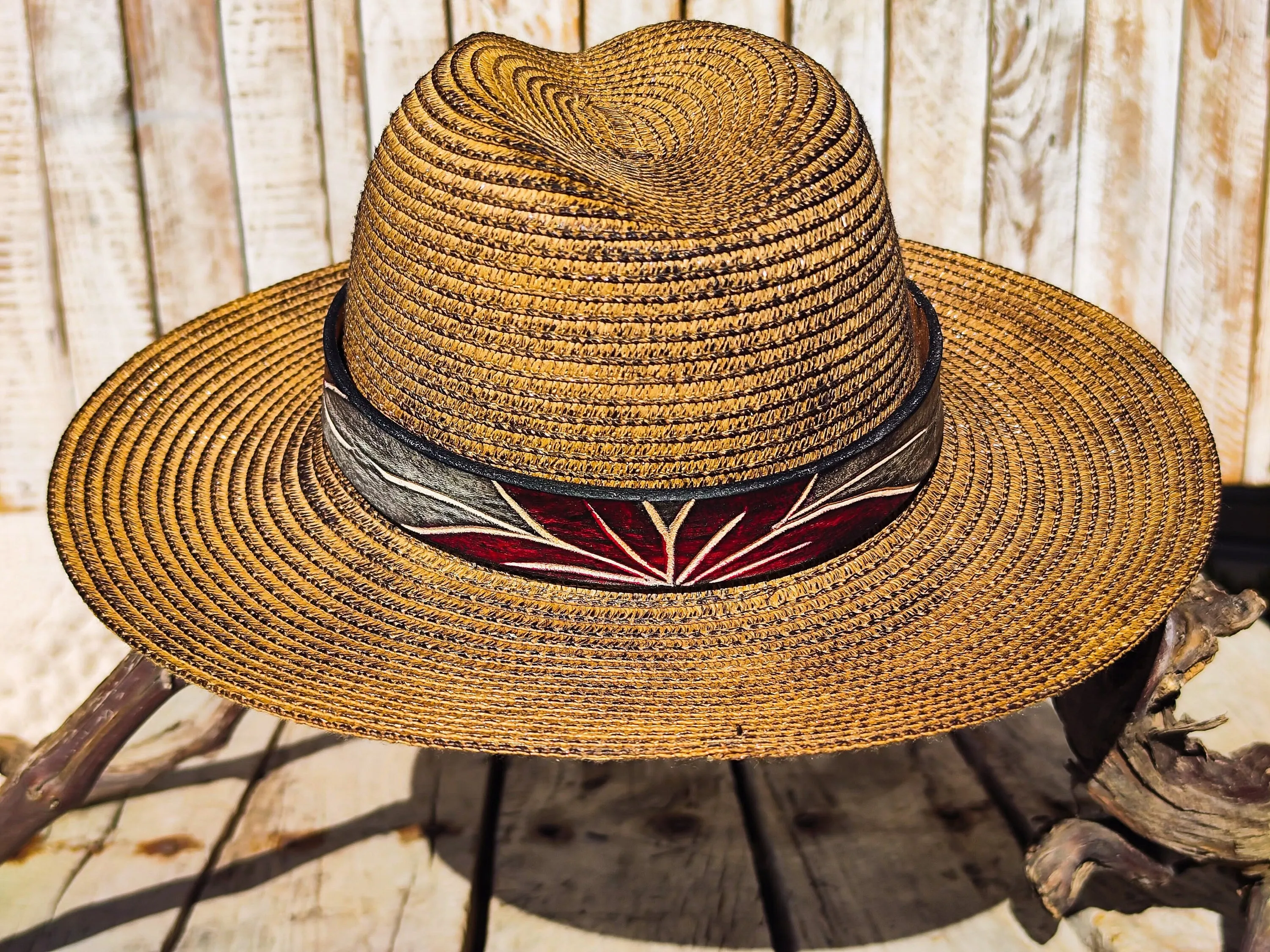 Handcrafted Straw Hat with Red Flower Vintage Leather Band - Unique Boho-Chic Design