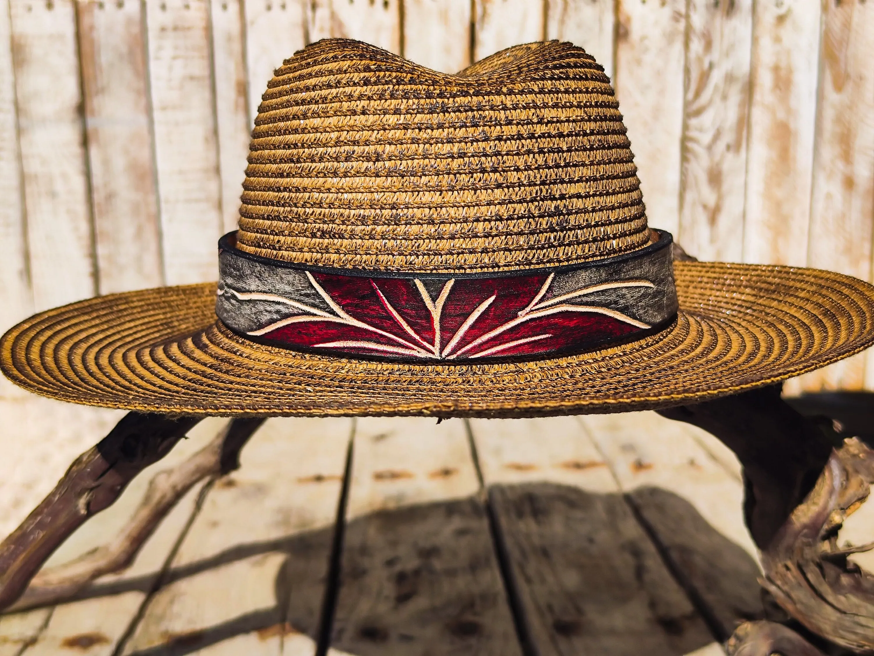 Handcrafted Straw Hat with Red Flower Vintage Leather Band - Unique Boho-Chic Design