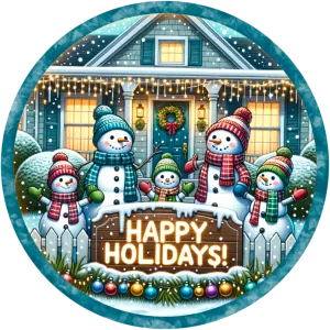 Happy Holidays Snowman Family Wreath Sign - Round Sublimated Metal Christmas Decor, Available in 10" & 11.75