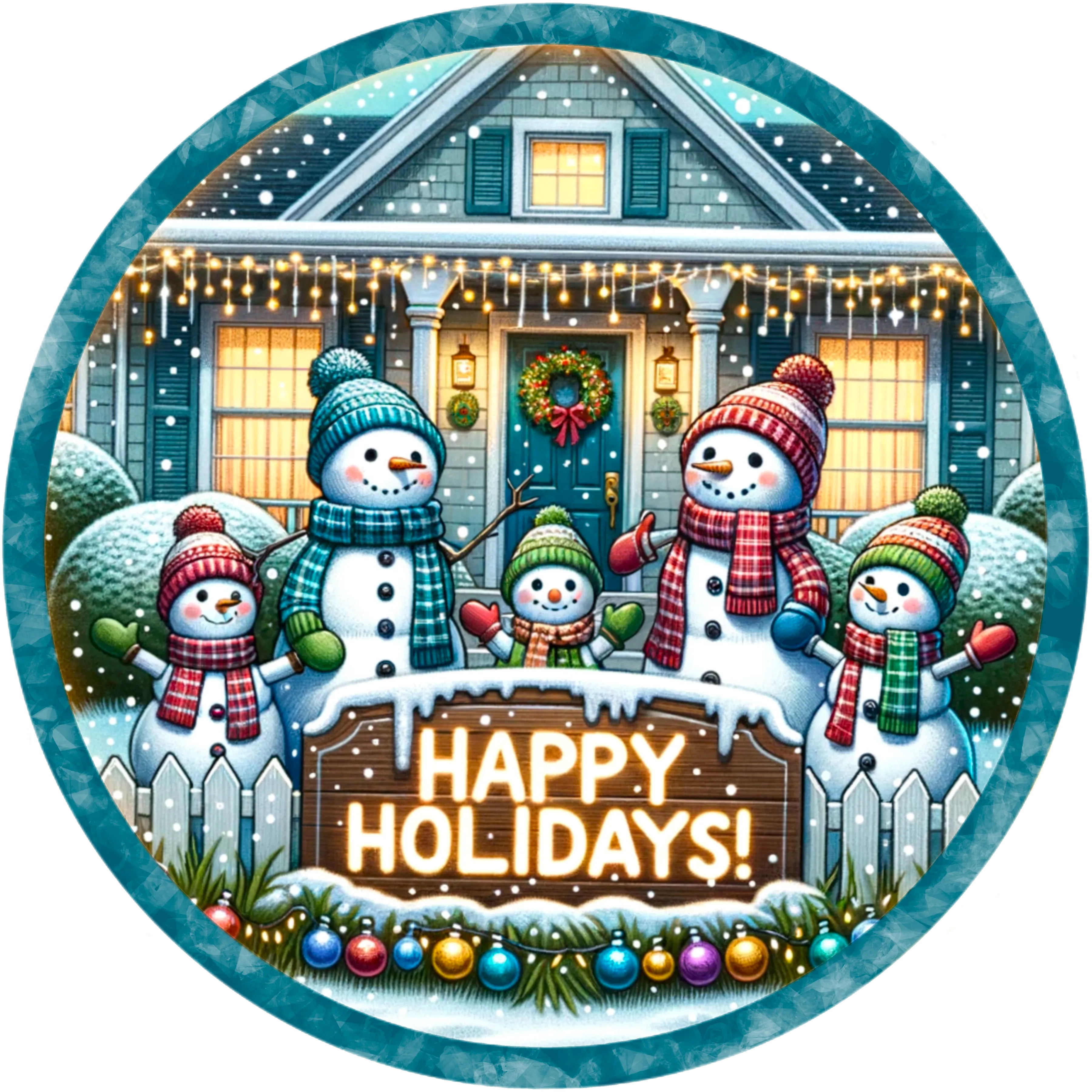 Happy Holidays Snowman Family Wreath Sign - Round Sublimated Metal Christmas Decor, Available in 10" & 11.75