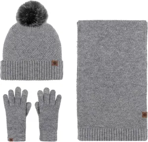 Hat and Scarf Set for Women Warm Knit Pom Beanie Hat Neck Scarf Matching Winter Set Girls Ladies (Grey, One Size)