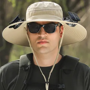 Hat with Fans Solar Power, Outdoor Wide Brim Sun Hat with 2 Solar Fan, Removable USB Charging Fan, Hiking Camping Fishing Hat