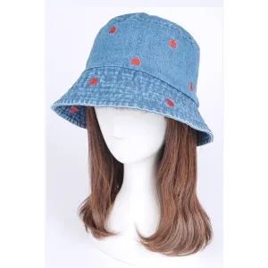Heart Embroidered Denim Bucket Hat