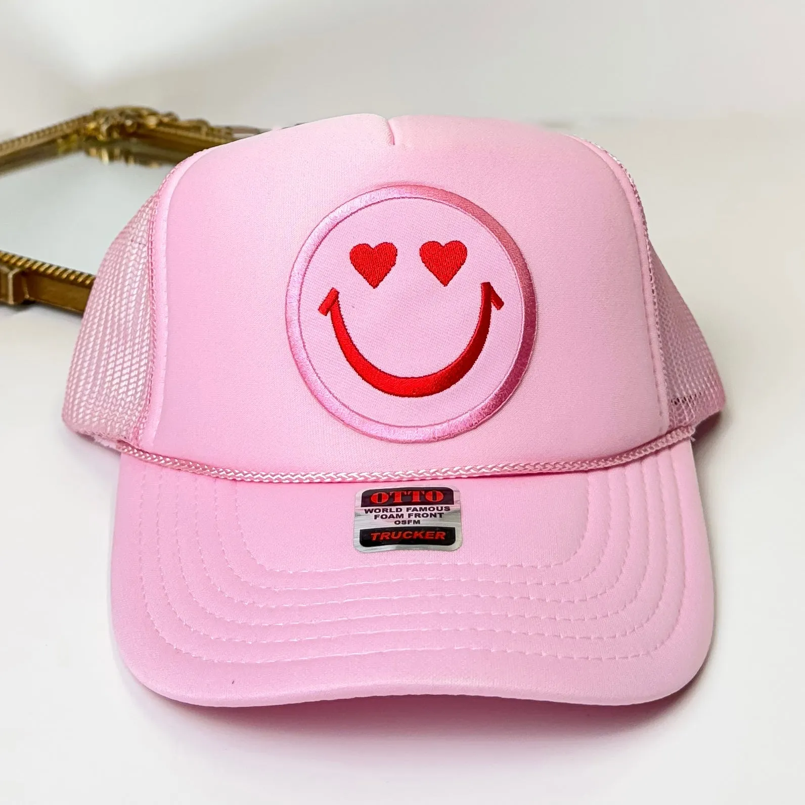 Heart Eyes Happy Face Foam Trucker Hat in Light Pink