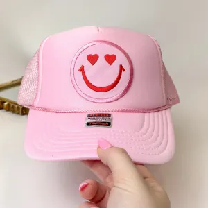 Heart Eyes Happy Face Foam Trucker Hat in Light Pink