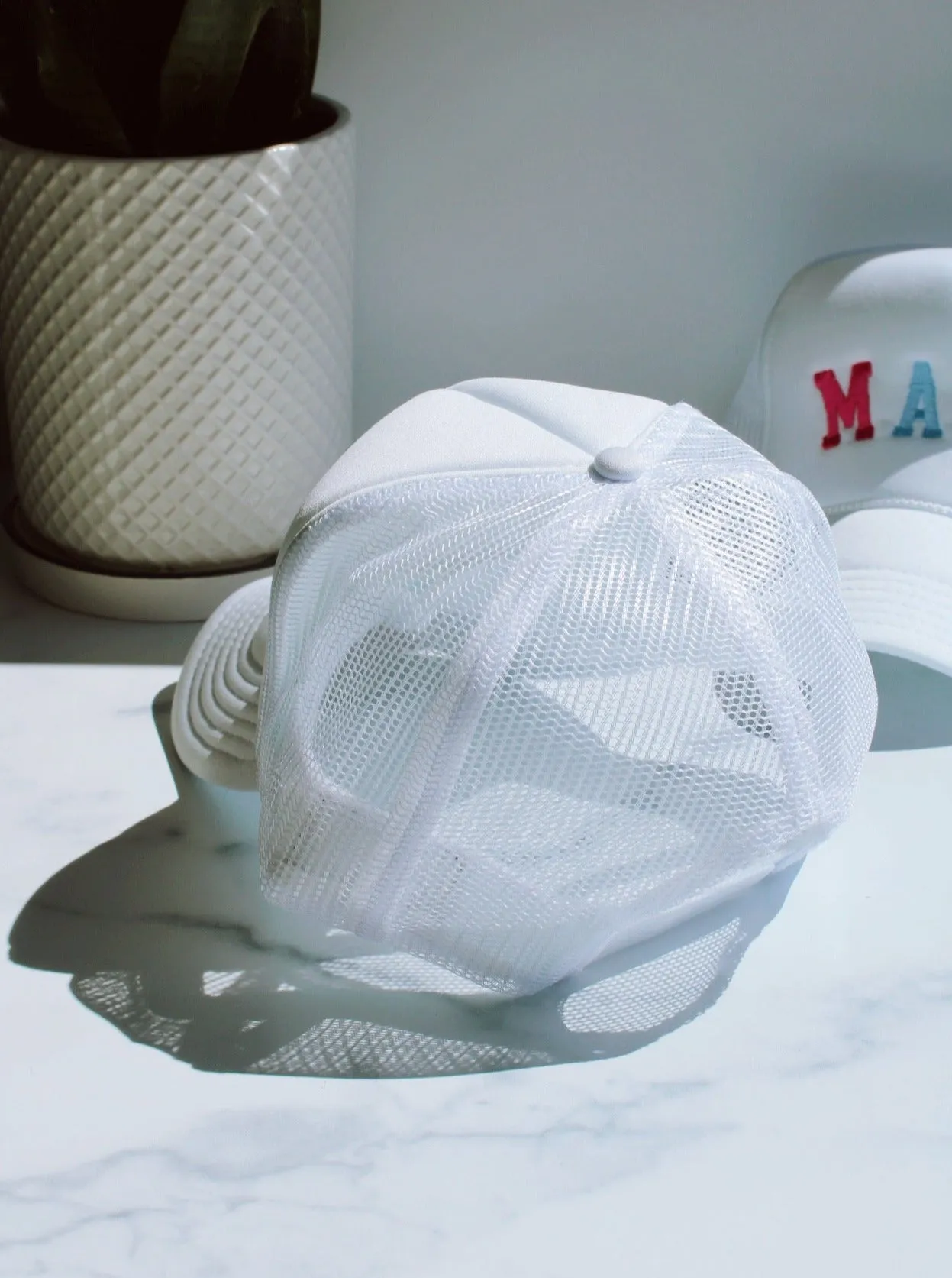 HELLO SUNSHINE TRUCKER HAT IN WHITE