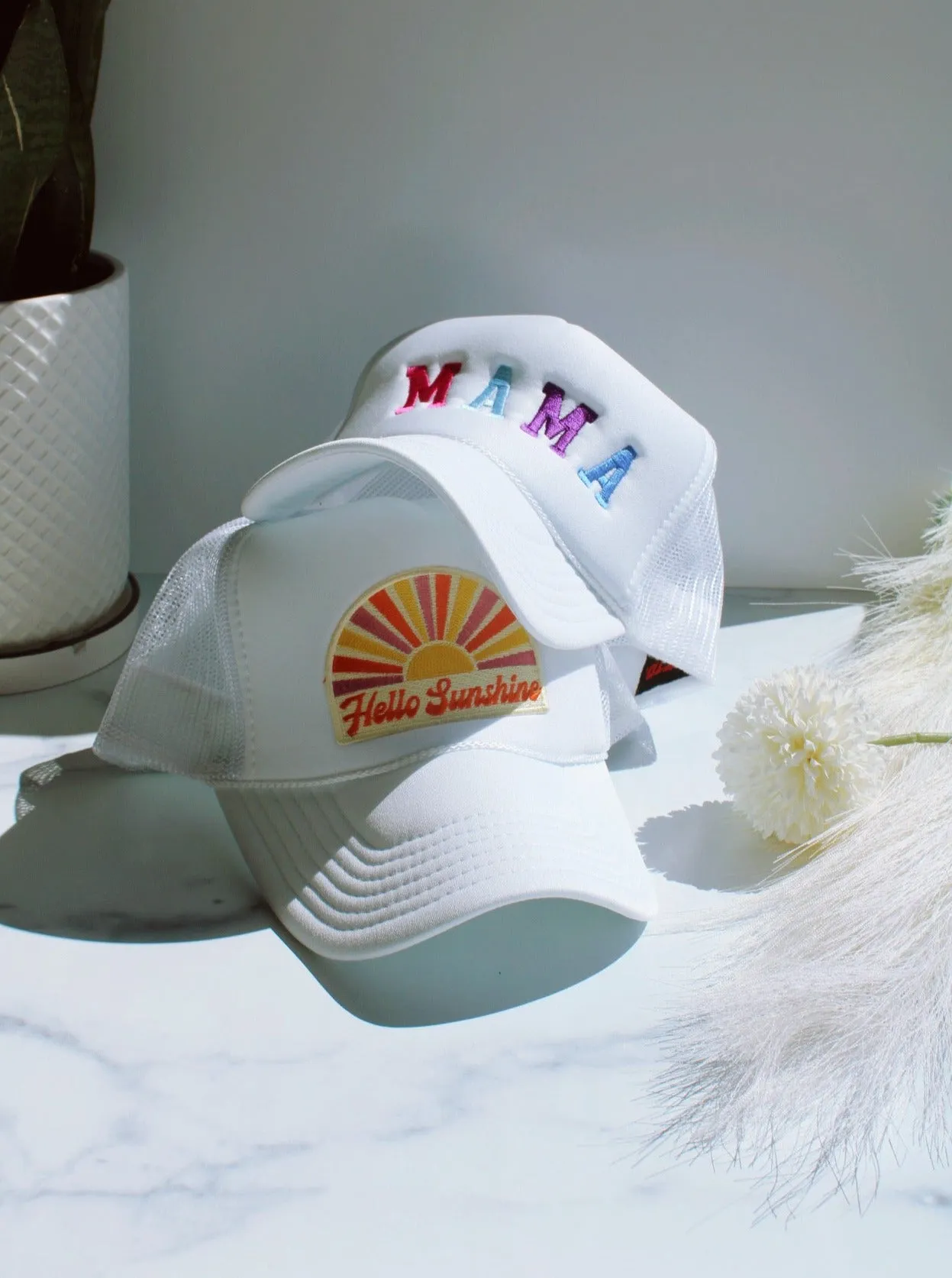 HELLO SUNSHINE TRUCKER HAT IN WHITE