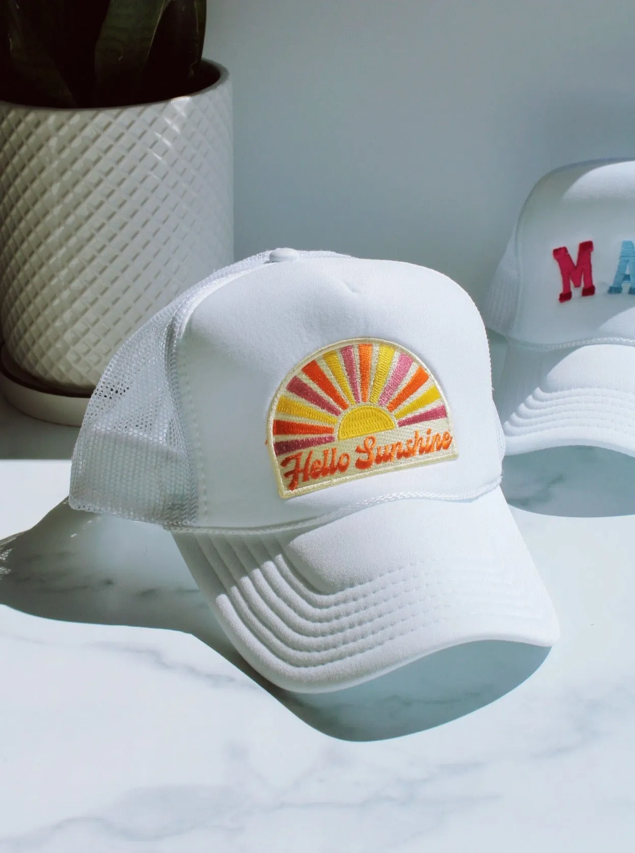 HELLO SUNSHINE TRUCKER HAT IN WHITE