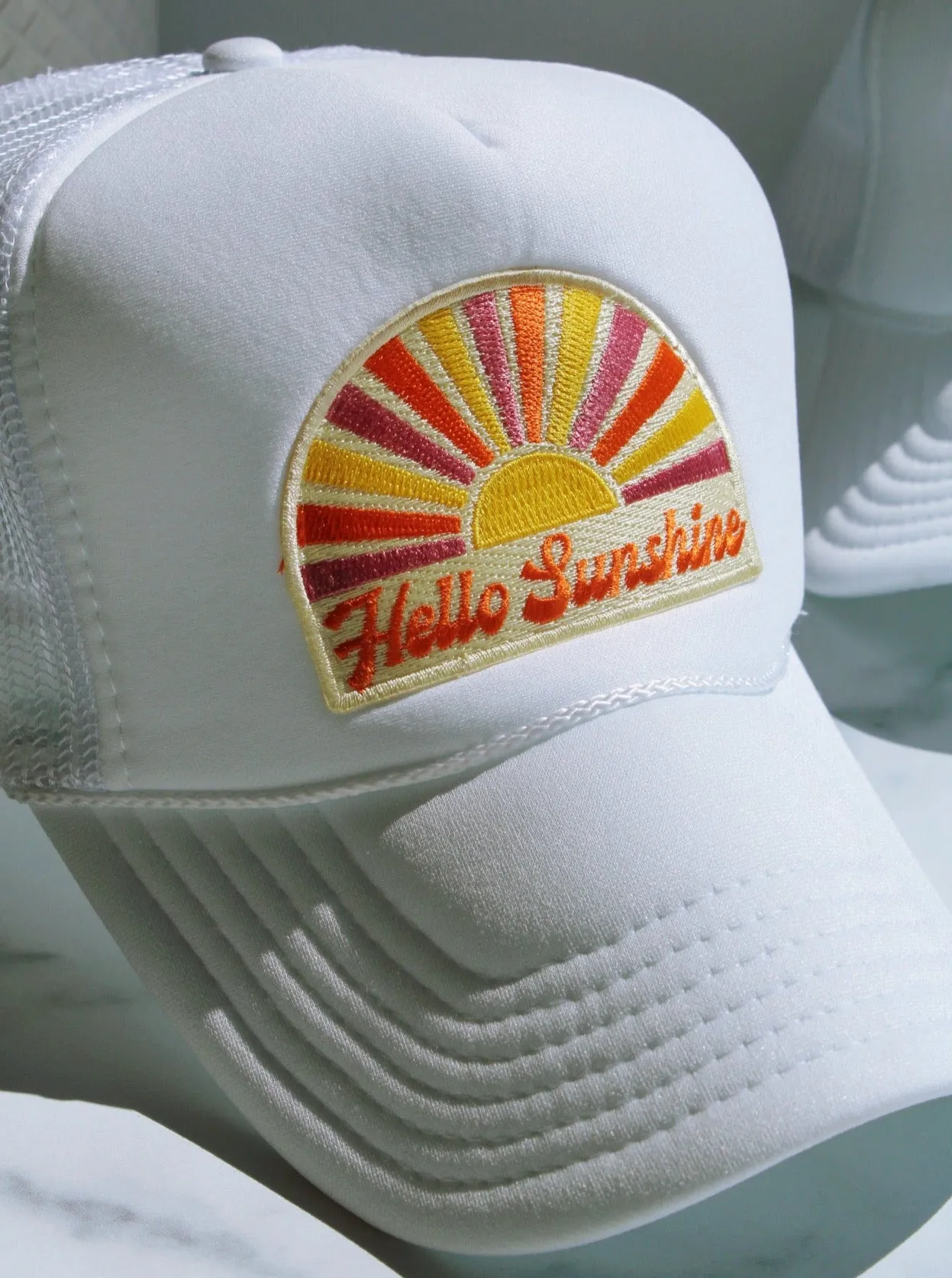 HELLO SUNSHINE TRUCKER HAT IN WHITE