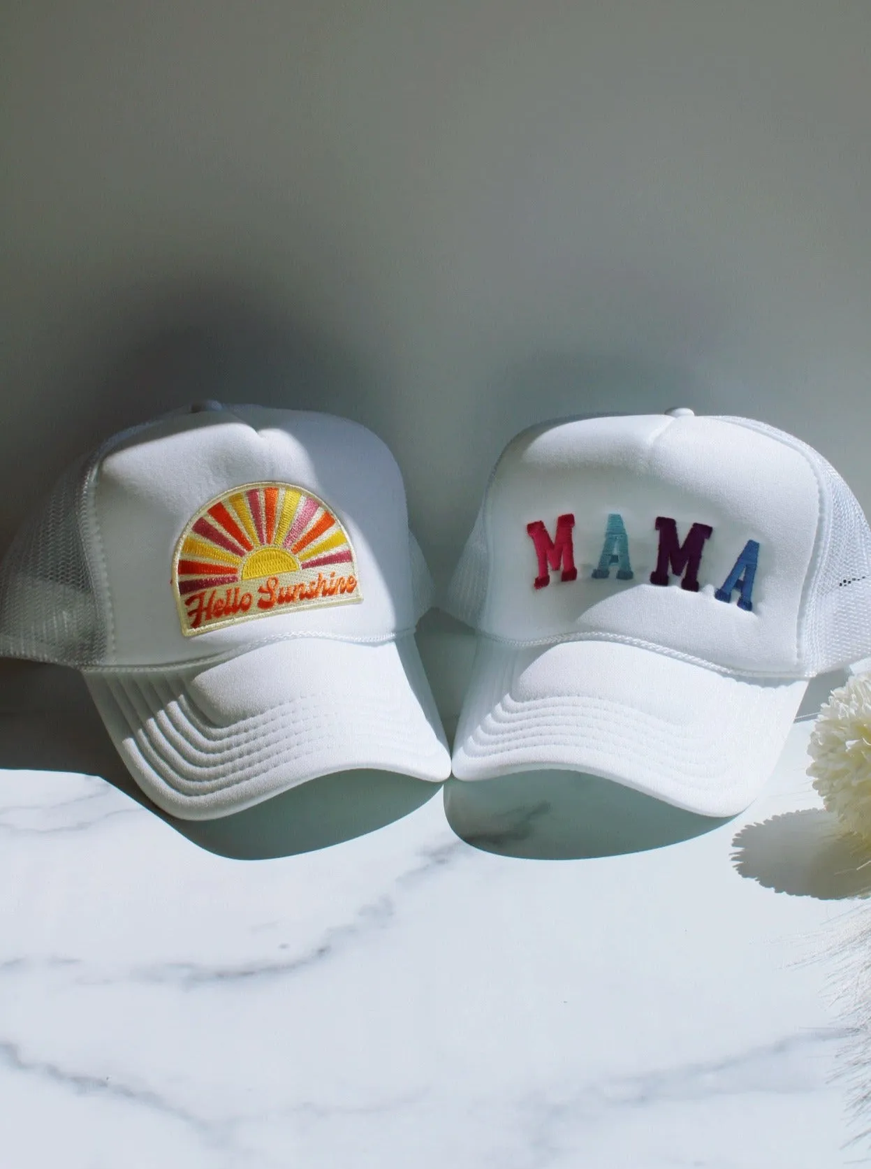 HELLO SUNSHINE TRUCKER HAT IN WHITE