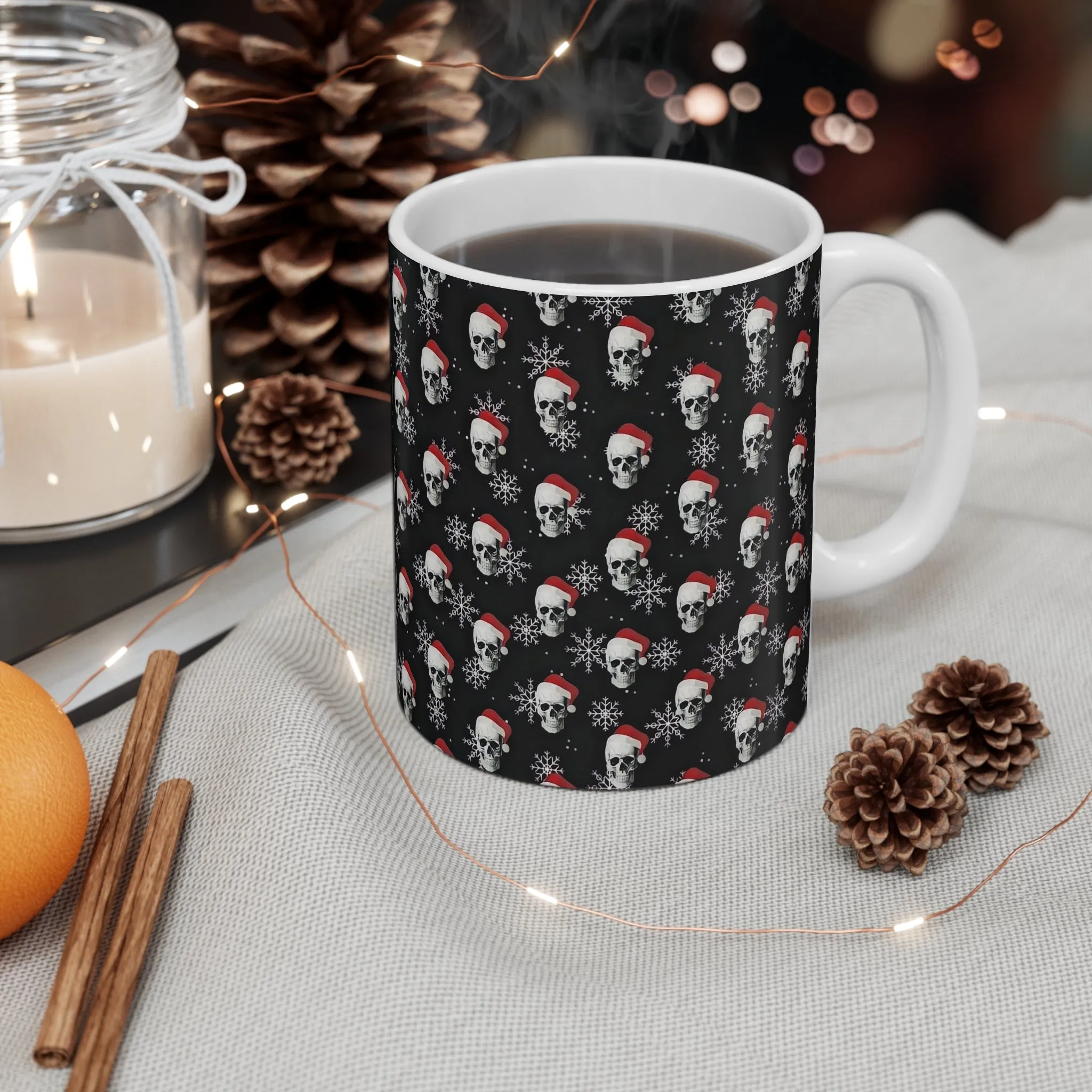 Holiday Skull Santa Mug - 11oz Ceramic Coffee Cup for Halloween and Christmas Lovers
