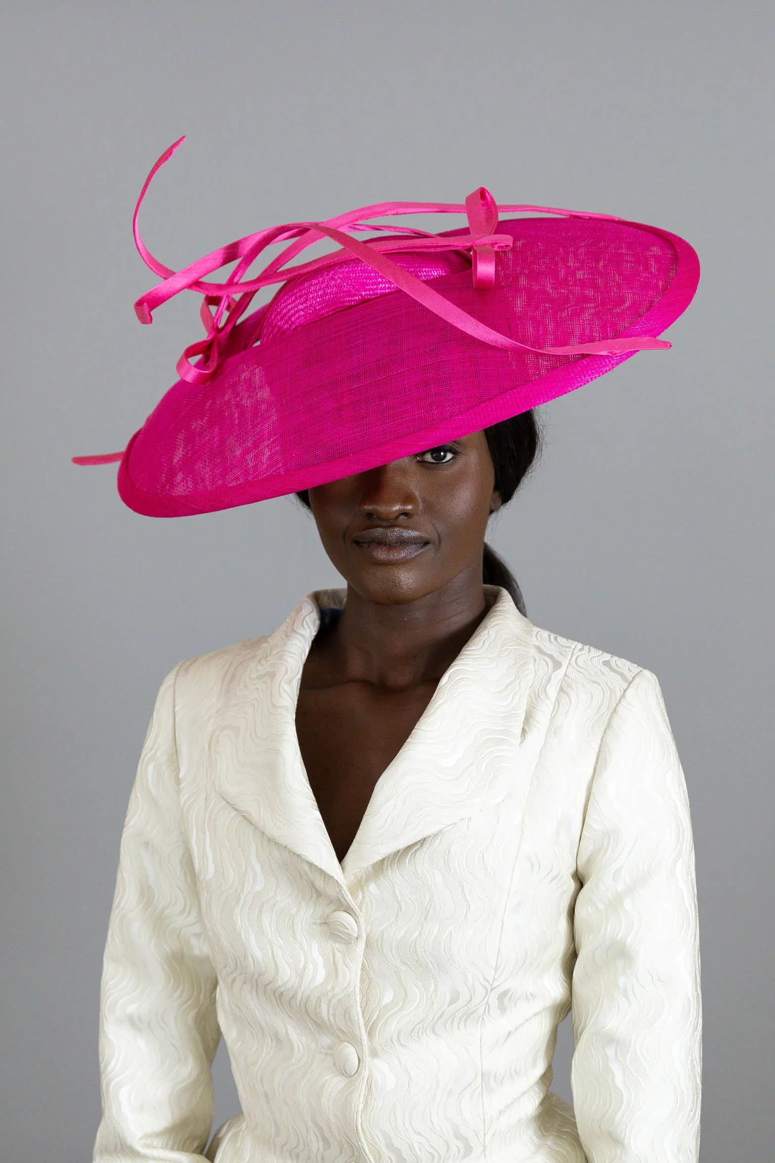 Hot Pink Oval Platter Hat with Silk Cascading Trim