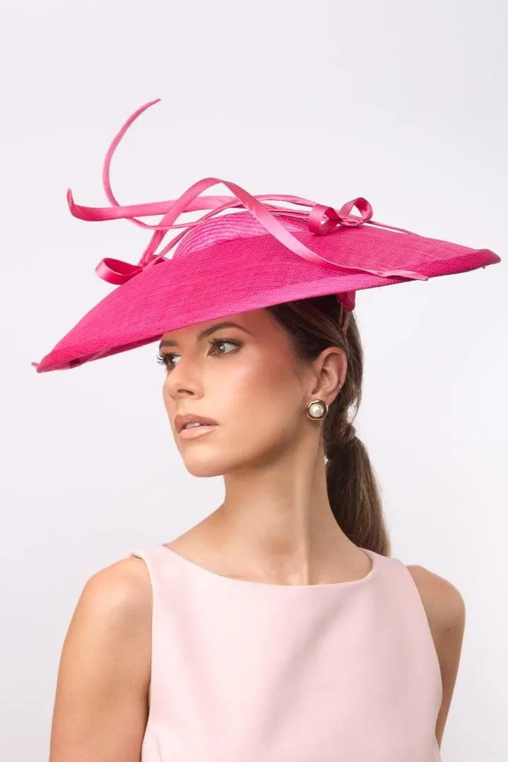 Hot Pink Oval Platter Hat with Silk Cascading Trim