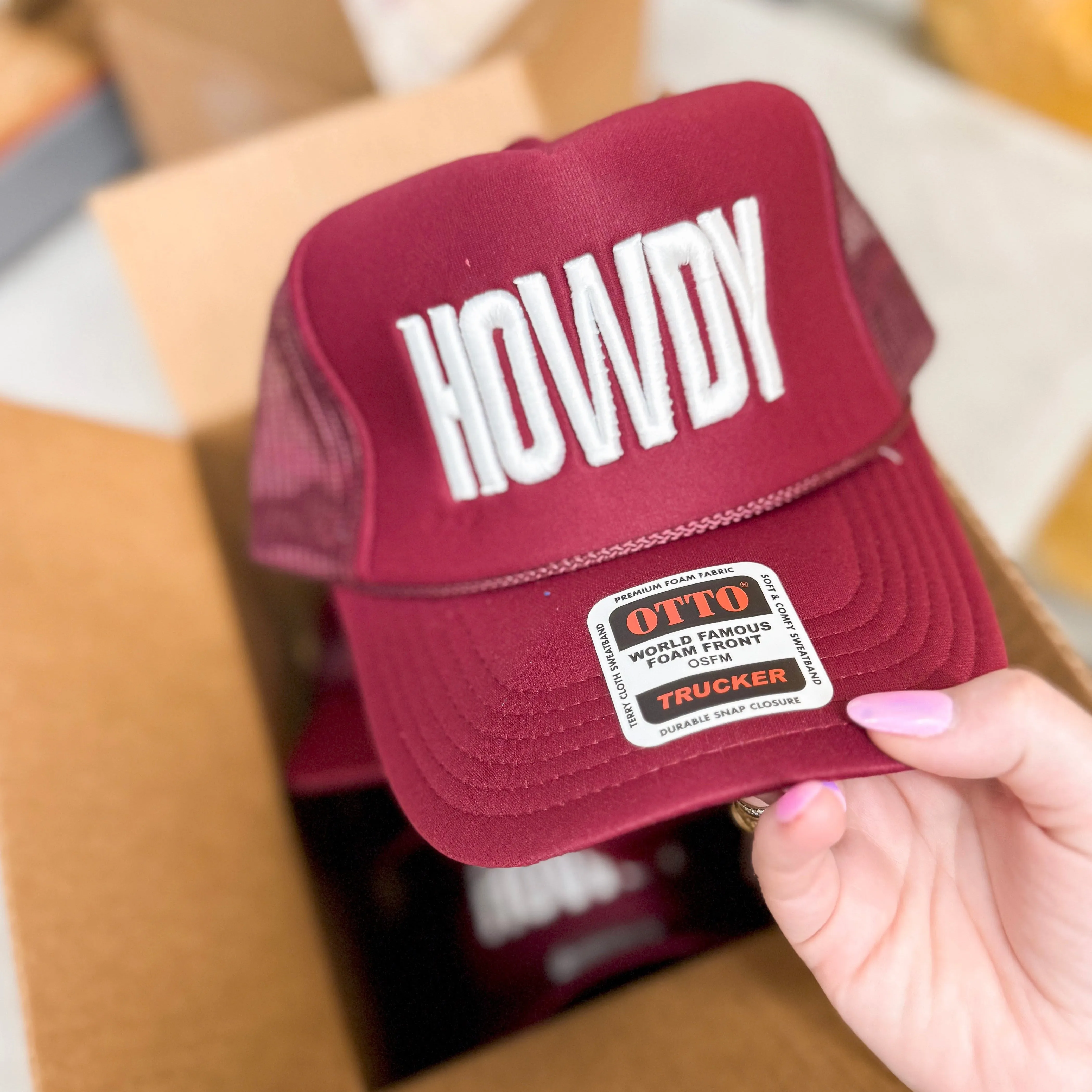 Howdy Raised Stitched Foam Trucker Hat in Maroon