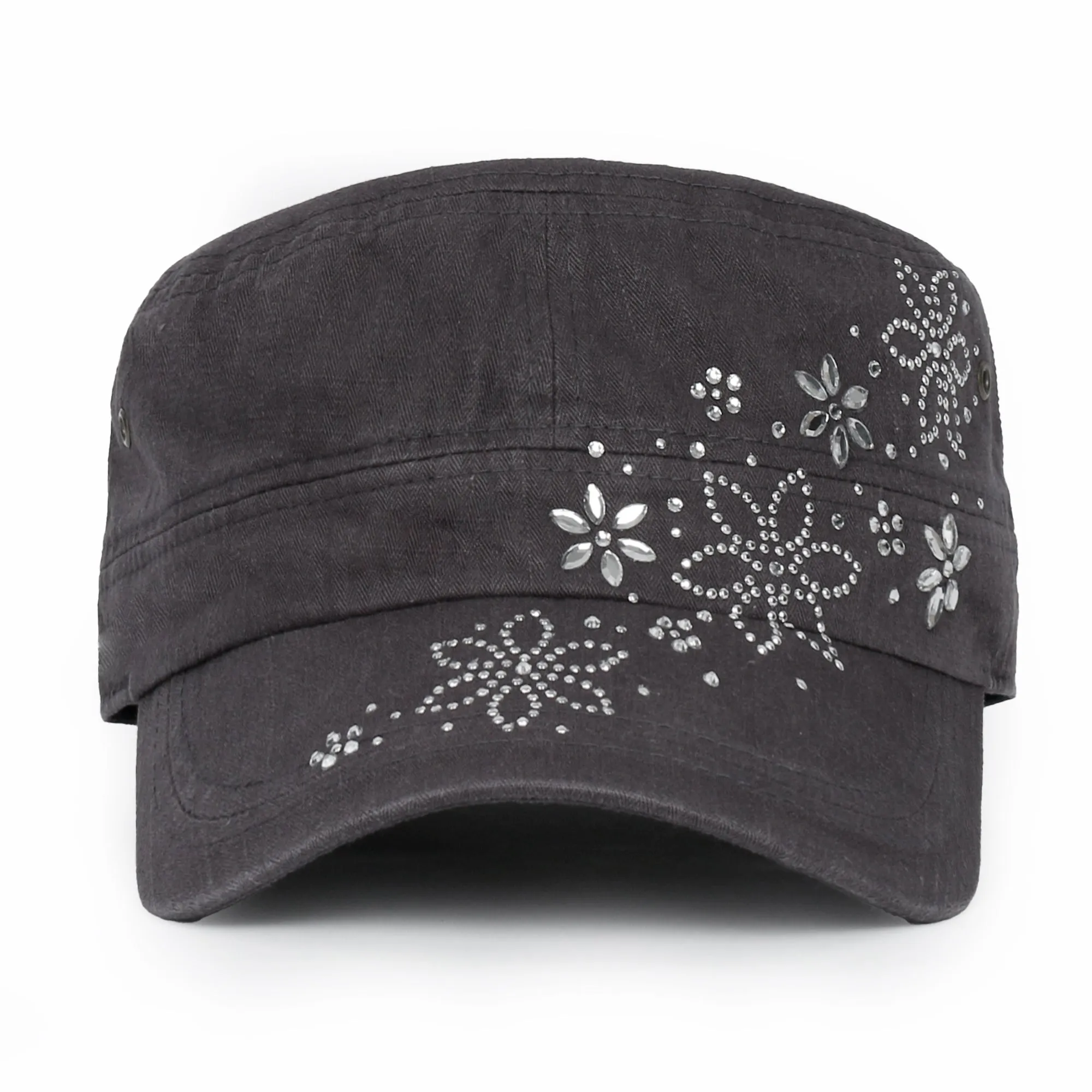 ililily Crystal / Black Gemstone Flower Vintage Military Army Hat Cadet Cap