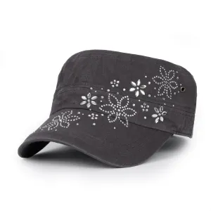 ililily Crystal / Black Gemstone Flower Vintage Military Army Hat Cadet Cap