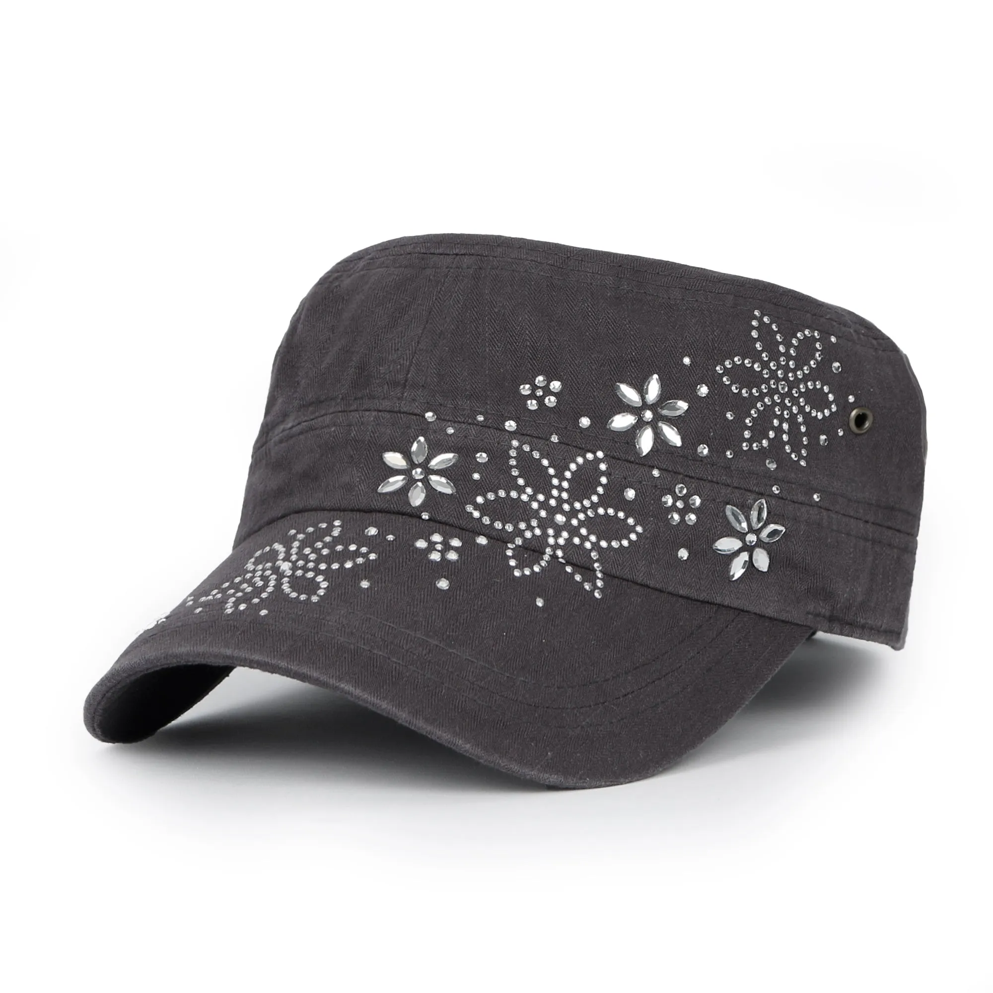 ililily Crystal / Black Gemstone Flower Vintage Military Army Hat Cadet Cap