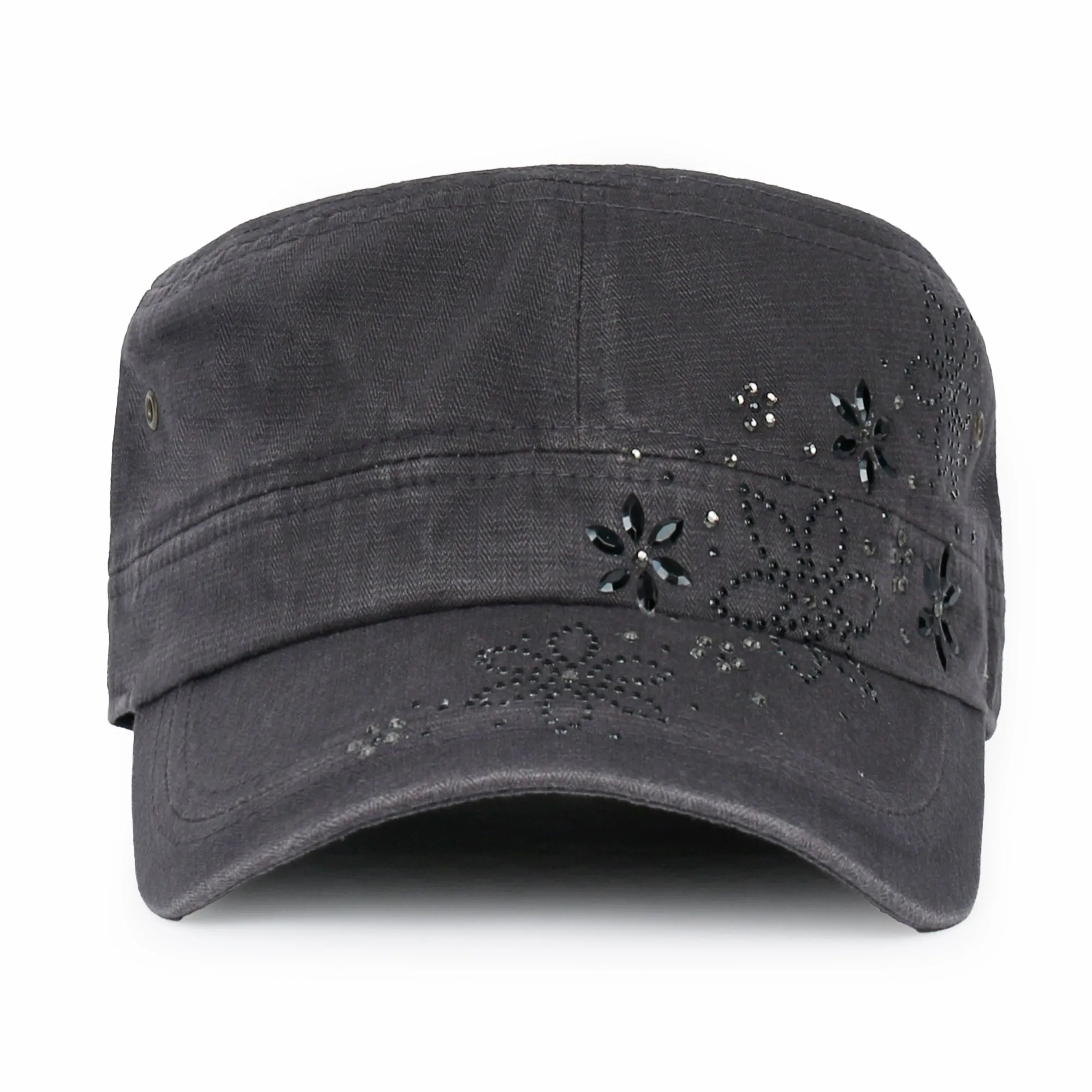 ililily Crystal / Black Gemstone Flower Vintage Military Army Hat Cadet Cap