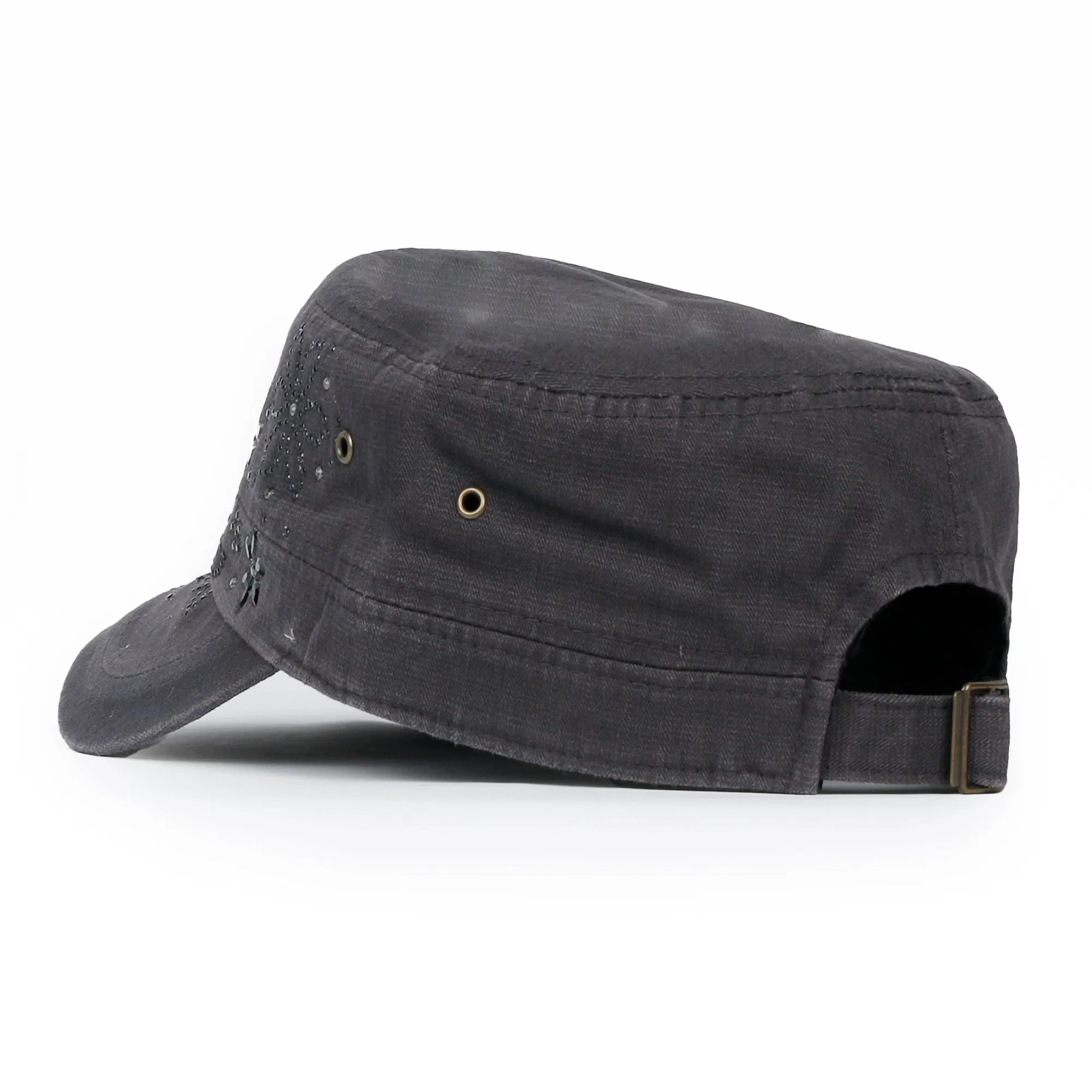 ililily Crystal / Black Gemstone Flower Vintage Military Army Hat Cadet Cap