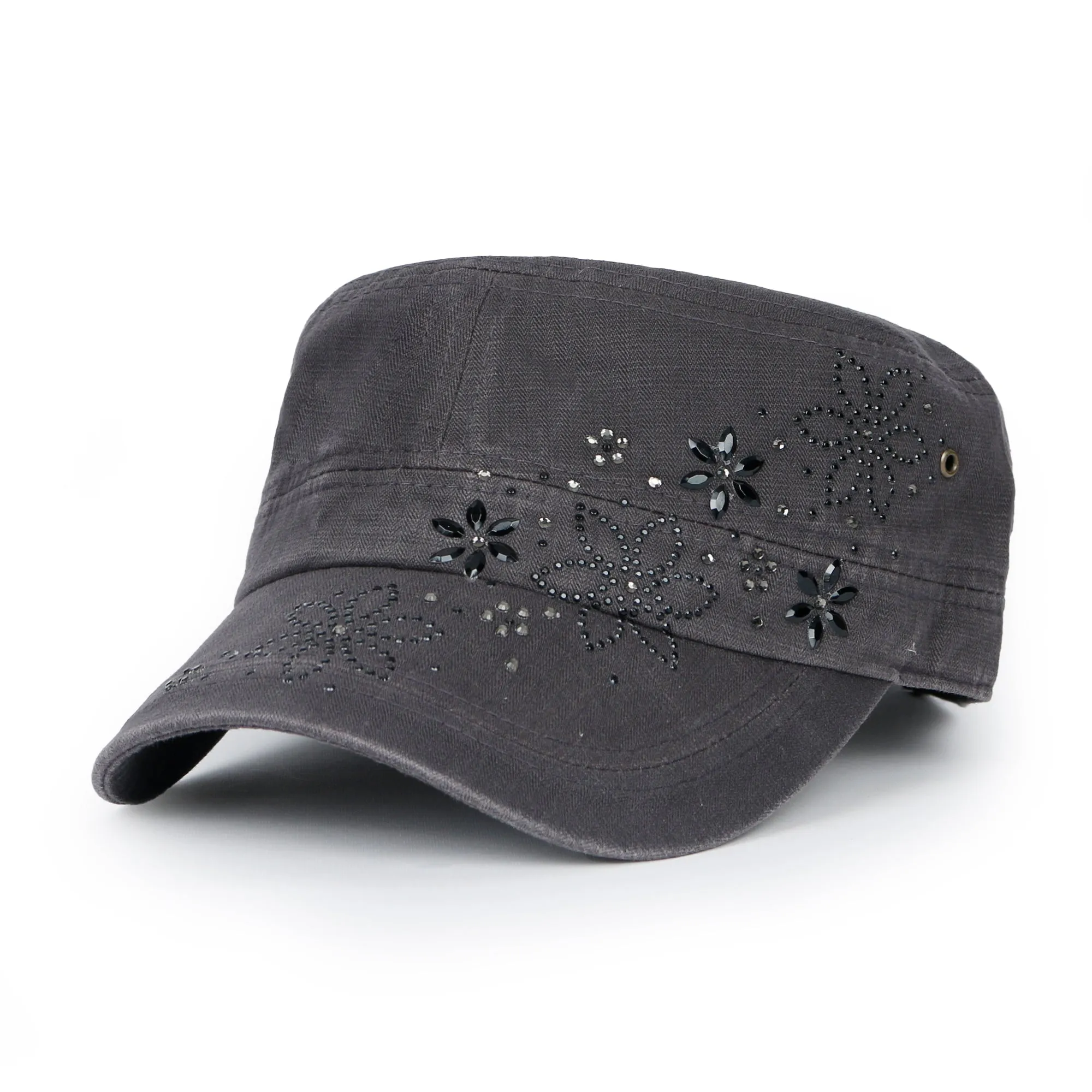 ililily Crystal / Black Gemstone Flower Vintage Military Army Hat Cadet Cap