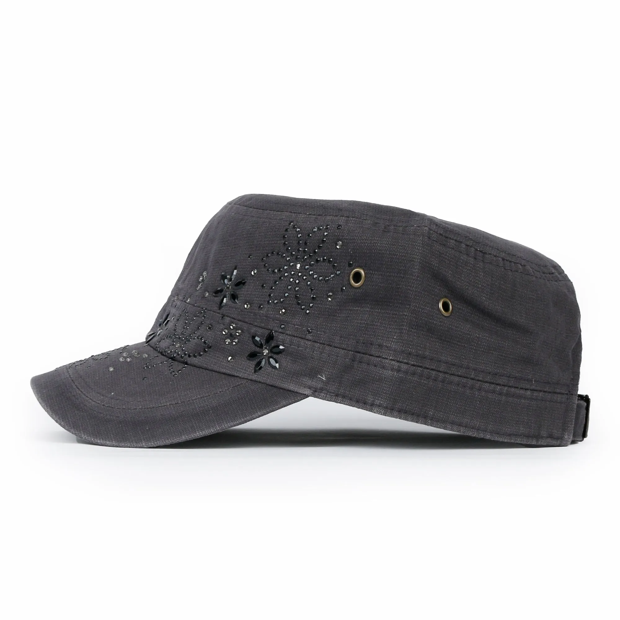 ililily Crystal / Black Gemstone Flower Vintage Military Army Hat Cadet Cap