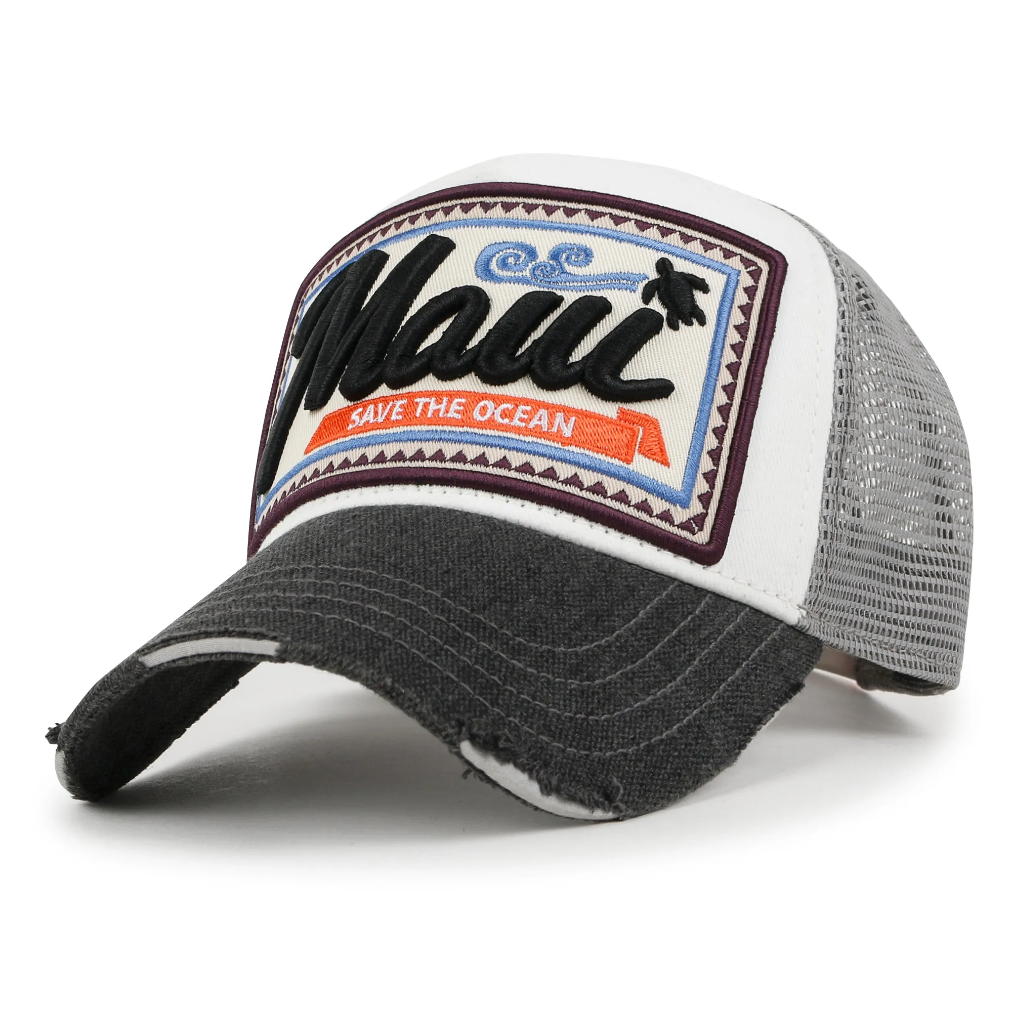 ililily Premium Maui Embroidery Patch Mesh Baseball Cap Distressed Trucker Hat