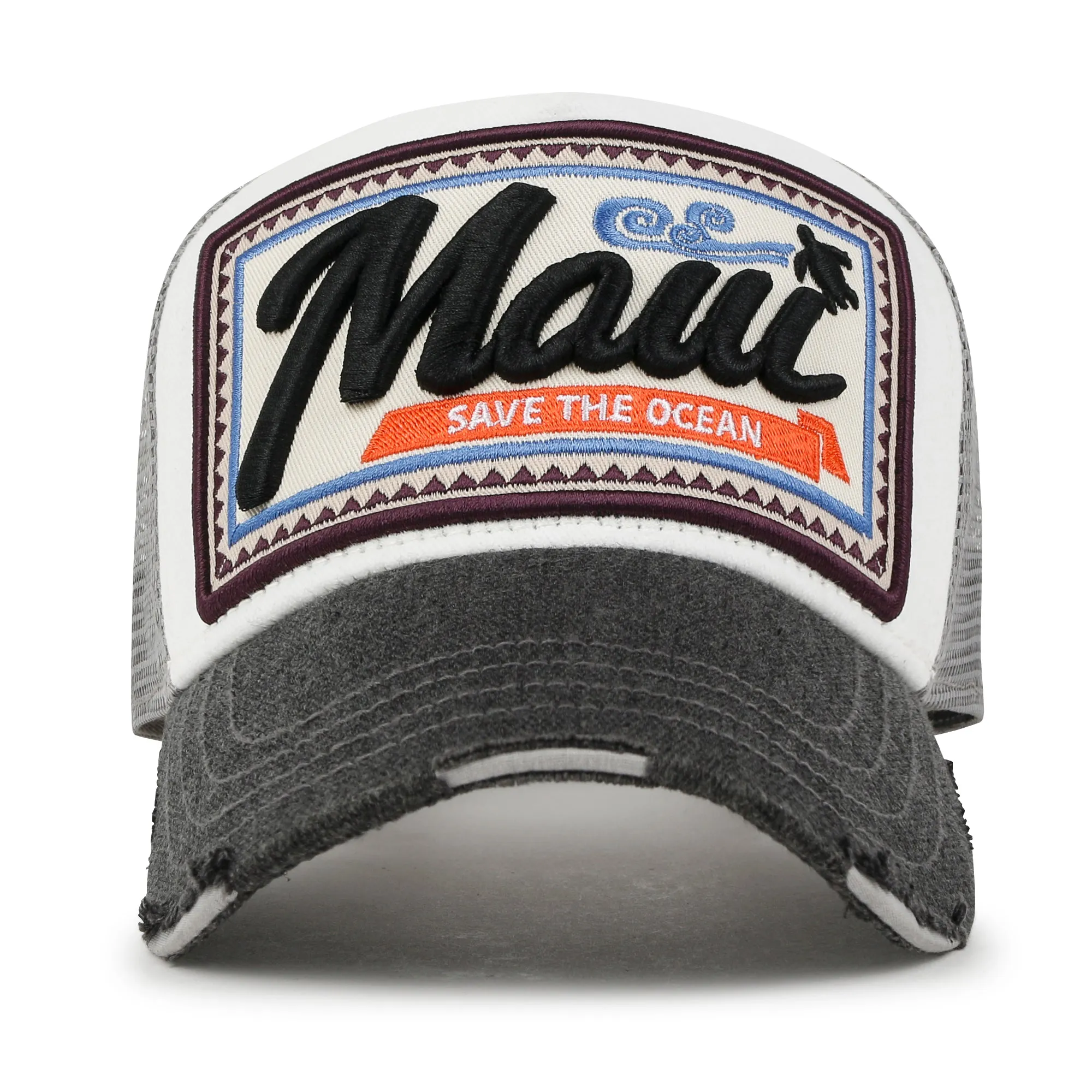 ililily Premium Maui Embroidery Patch Mesh Baseball Cap Distressed Trucker Hat