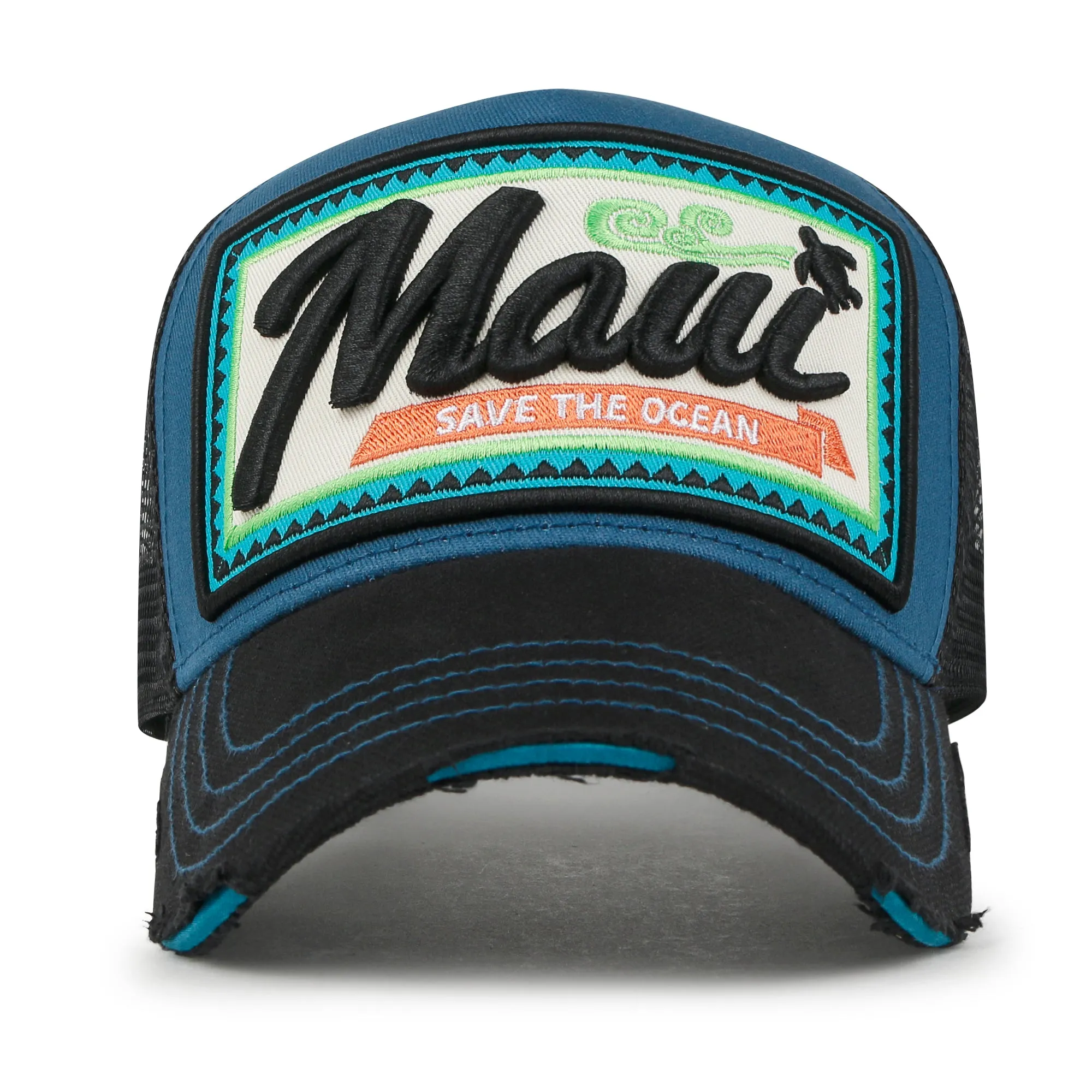 ililily Premium Maui Embroidery Patch Mesh Baseball Cap Distressed Trucker Hat