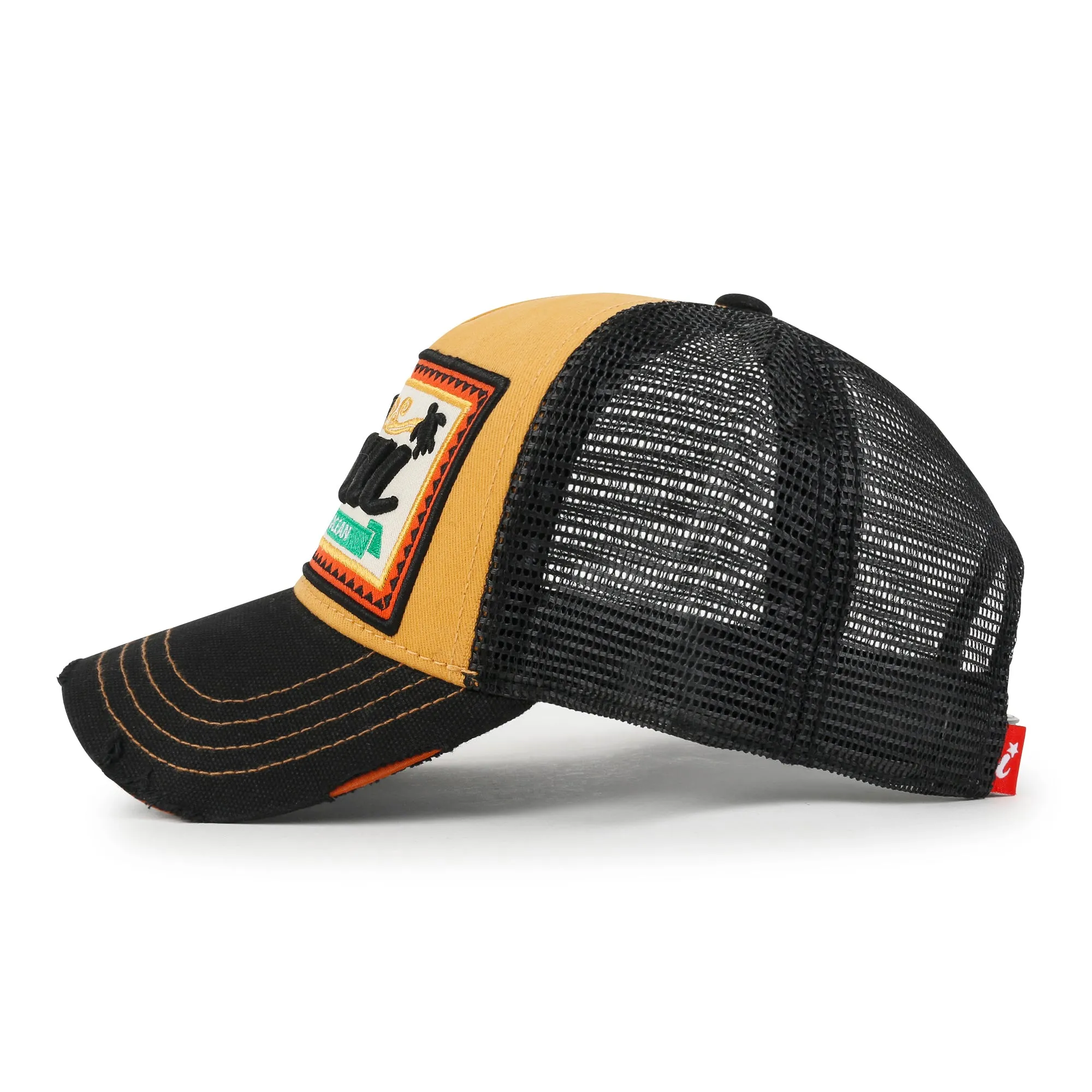 ililily Premium Maui Embroidery Patch Mesh Baseball Cap Distressed Trucker Hat