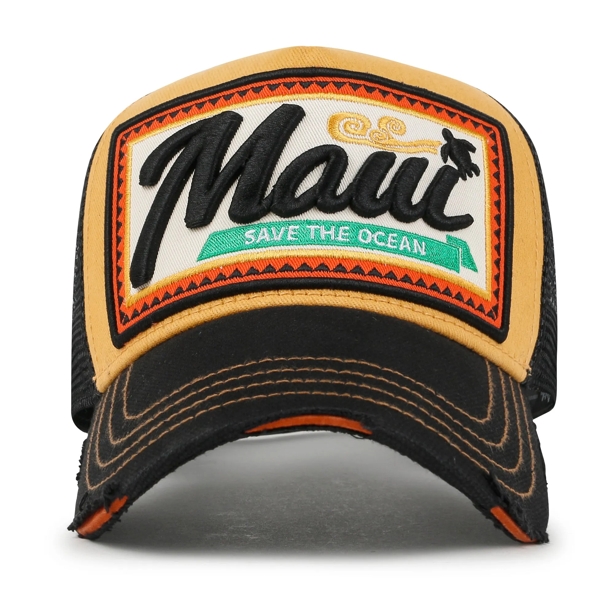 ililily Premium Maui Embroidery Patch Mesh Baseball Cap Distressed Trucker Hat