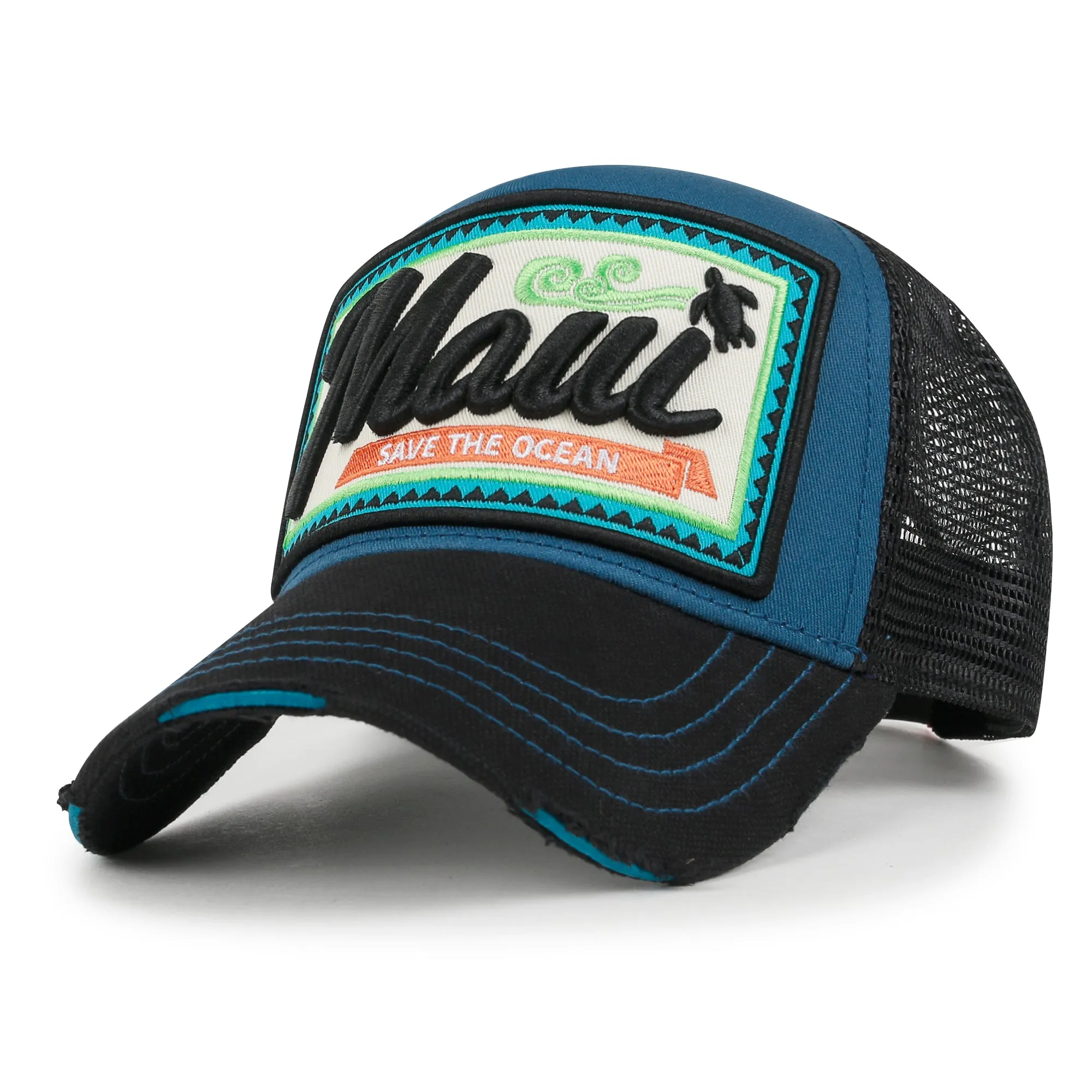 ililily Premium Maui Embroidery Patch Mesh Baseball Cap Distressed Trucker Hat