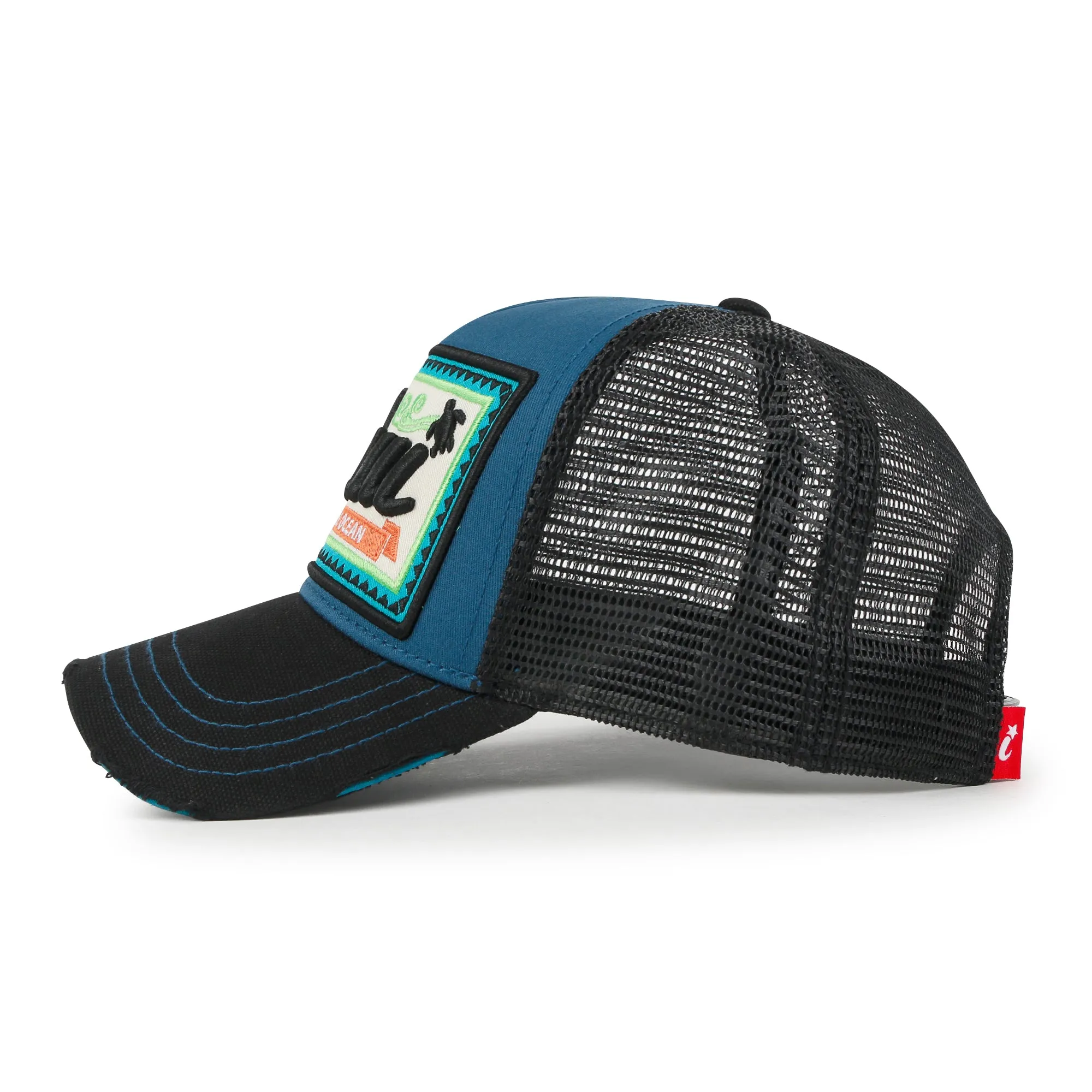 ililily Premium Maui Embroidery Patch Mesh Baseball Cap Distressed Trucker Hat