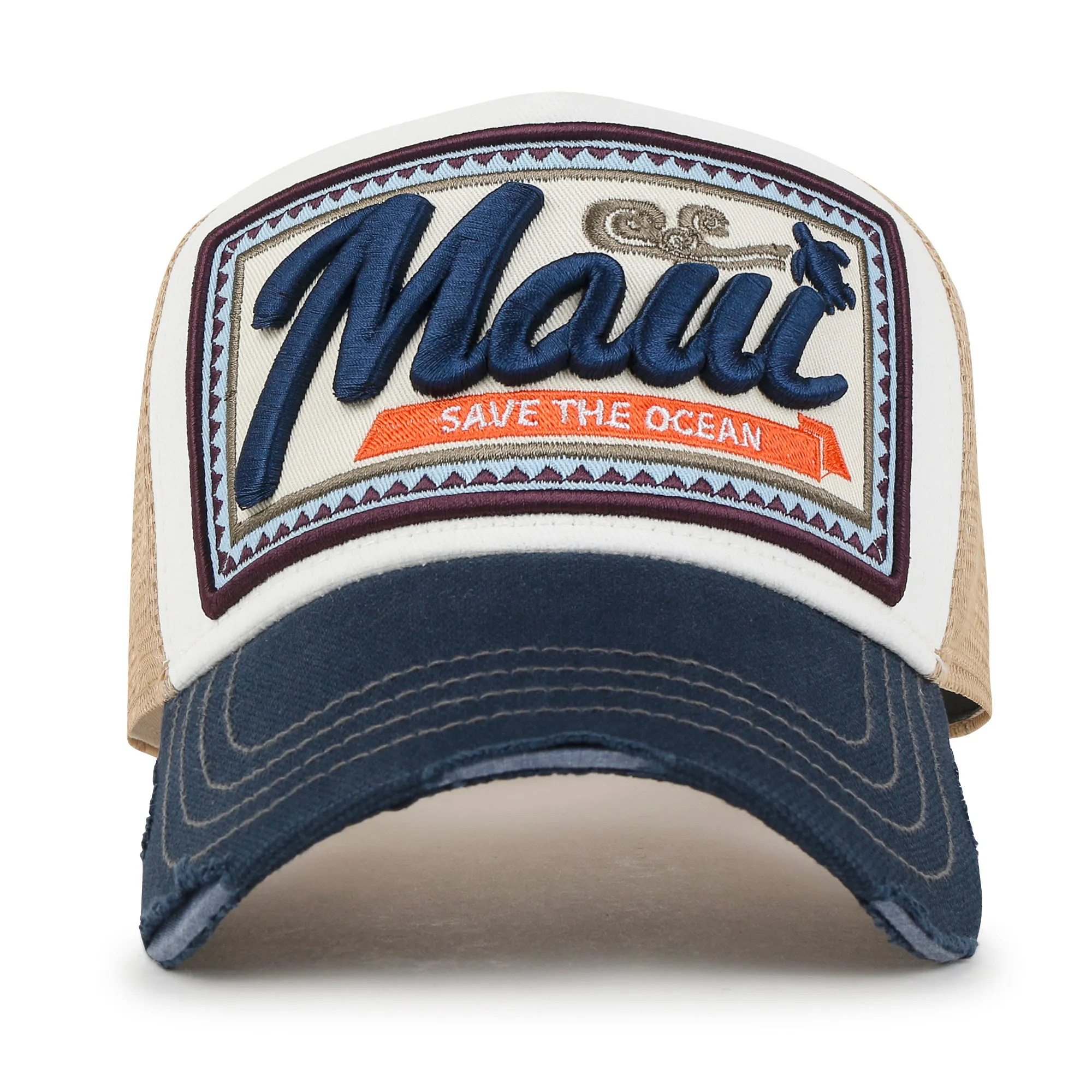 ililily Premium Maui Embroidery Patch Mesh Baseball Cap Distressed Trucker Hat