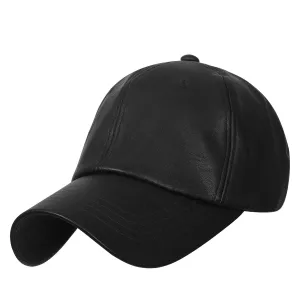 ililily Solid Color Faux Leather Baseball Cap Adjustable Casual Trucker Hat
