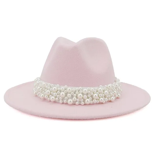 Jazz Fedora Hats with Pearls Band Women White Felted Top Cap Wide Brim