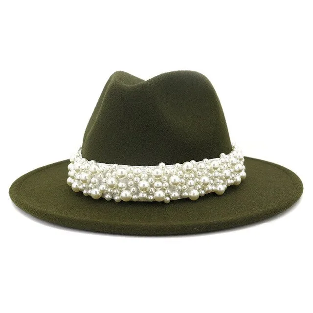 Jazz Fedora Hats with Pearls Band Women White Felted Top Cap Wide Brim