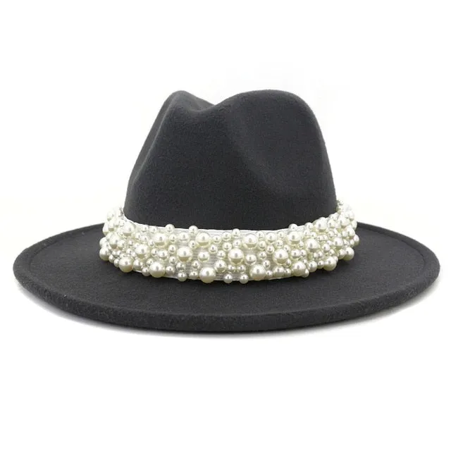 Jazz Fedora Hats with Pearls Band Women White Felted Top Cap Wide Brim