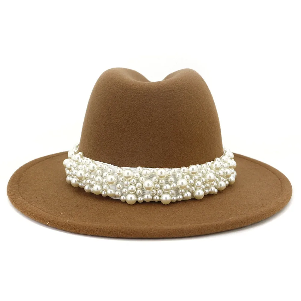 Jazz Fedora Hats with Pearls Band Women White Felted Top Cap Wide Brim