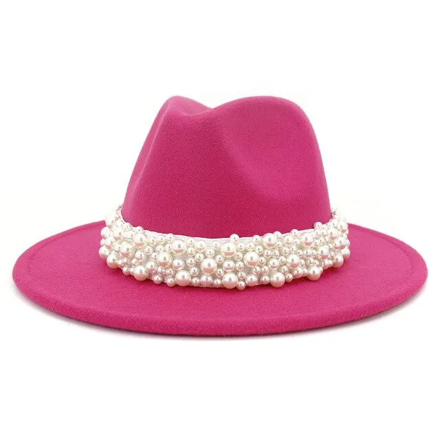 Jazz Fedora Hats with Pearls Band Women White Felted Top Cap Wide Brim