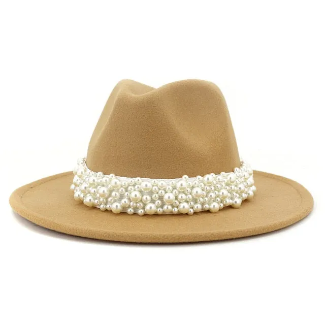 Jazz Fedora Hats with Pearls Band Women White Felted Top Cap Wide Brim