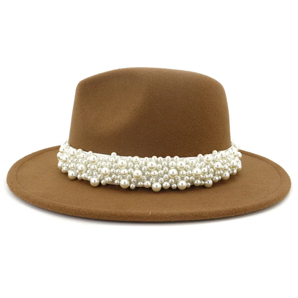 Jazz Fedora Hats with Pearls Band Women White Felted Top Cap Wide Brim