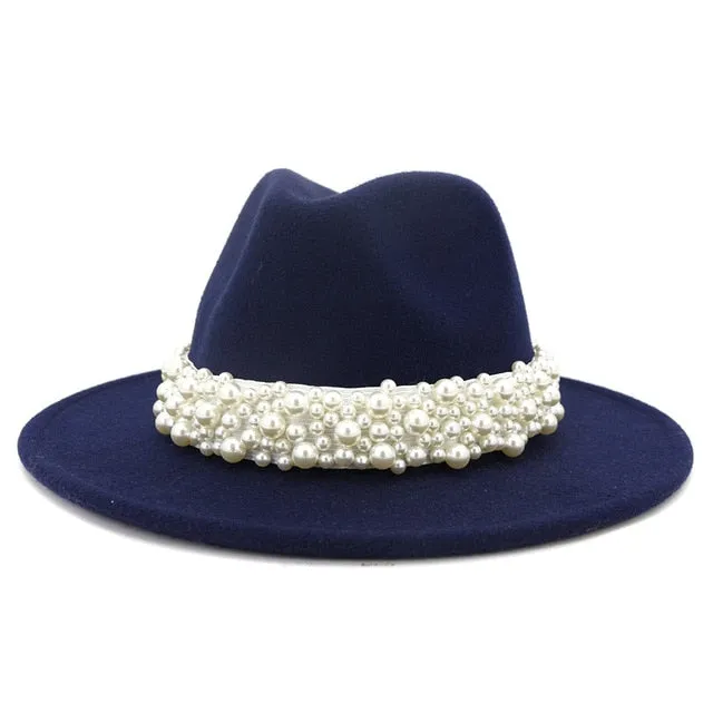Jazz Fedora Hats with Pearls Band Women White Felted Top Cap Wide Brim
