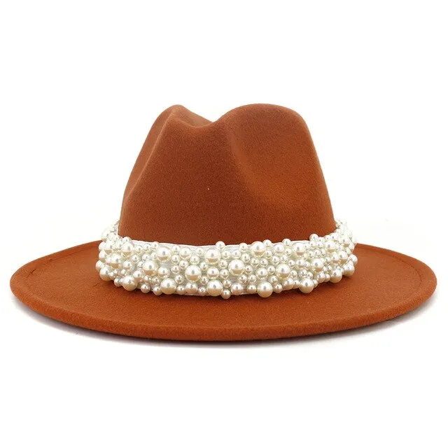 Jazz Fedora Hats with Pearls Band Women White Felted Top Cap Wide Brim