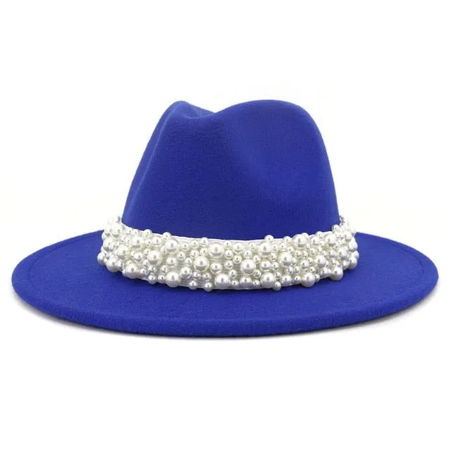 Jazz Fedora Hats with Pearls Band Women White Felted Top Cap Wide Brim