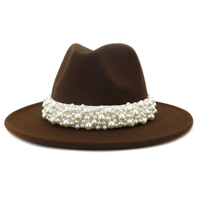 Jazz Fedora Hats with Pearls Band Women White Felted Top Cap Wide Brim